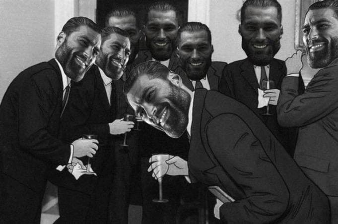 GigaChad faces on men enjoying a toast together.