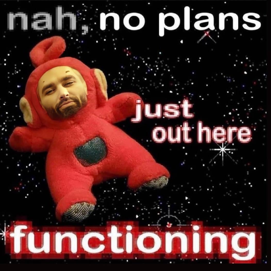 Teletubby with a human face relaxing in space with text.
