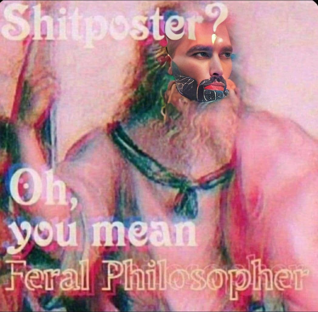 Muscular man humorously labeled as Feral Philosopher.