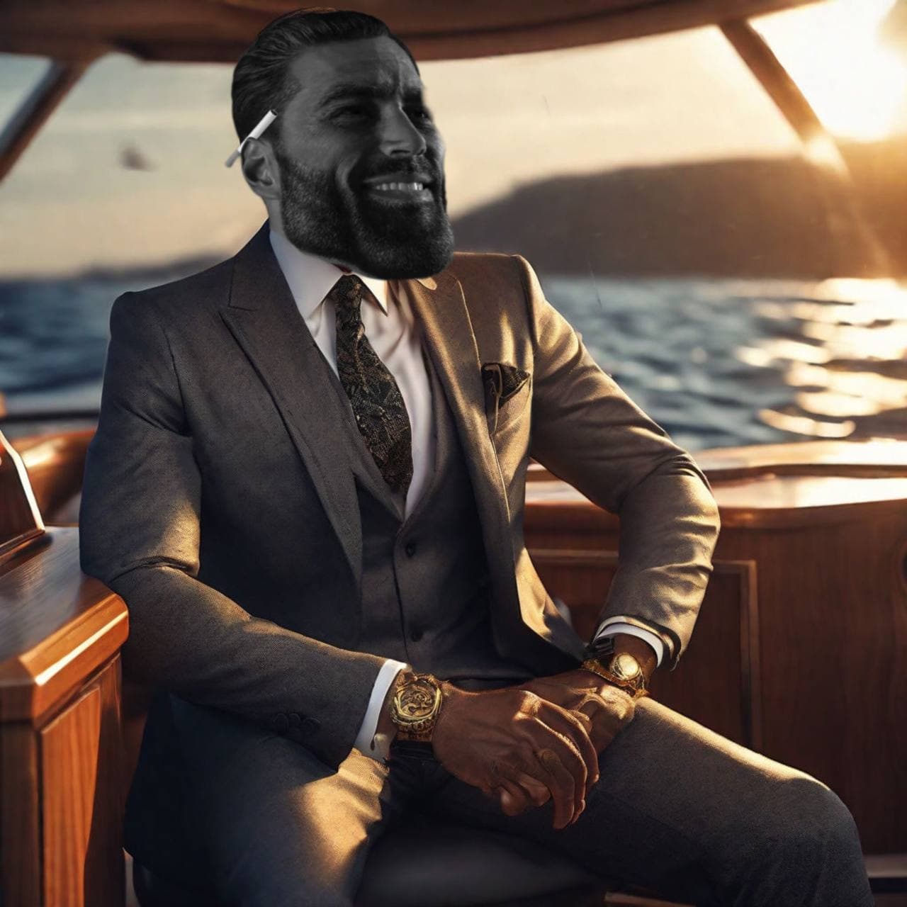 Man in suit on yacht with a cigarette, relaxed pose.