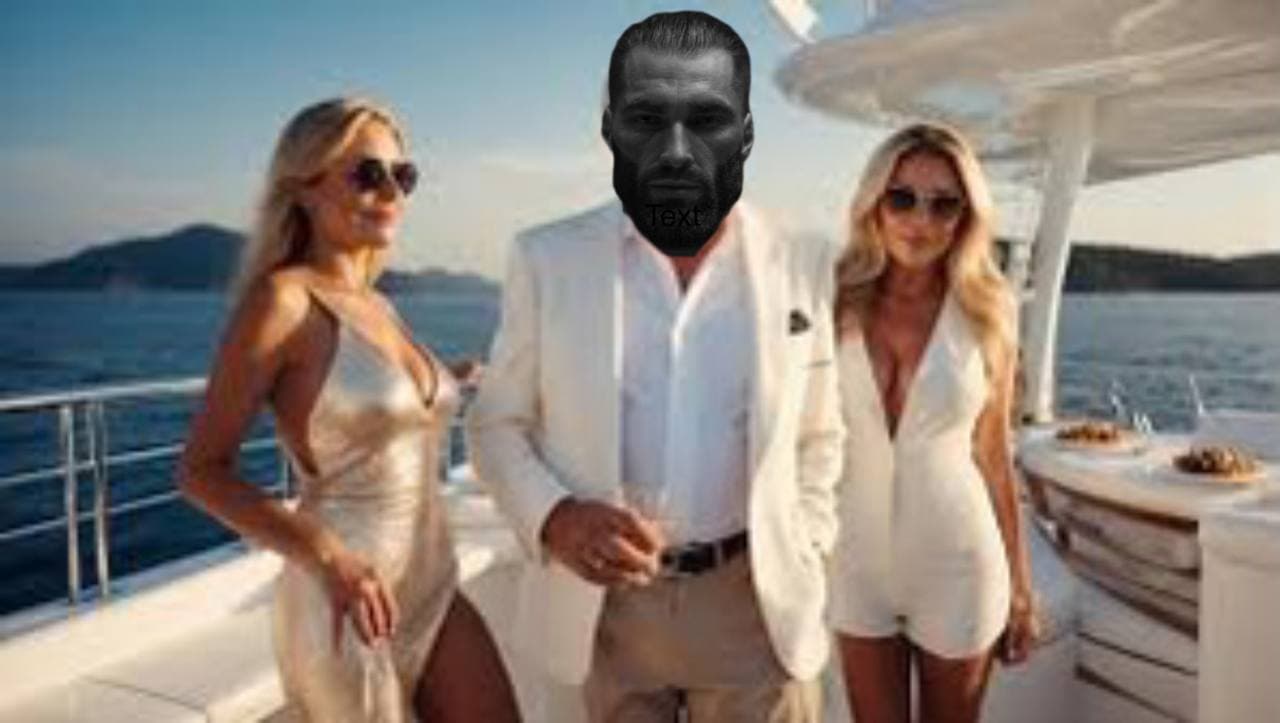 A man in a white suit poses with two women on a yacht.