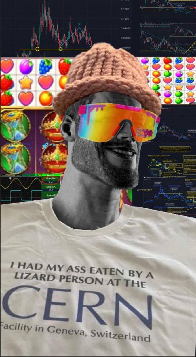 Man in sunglasses and hat with funny CERN shirt.