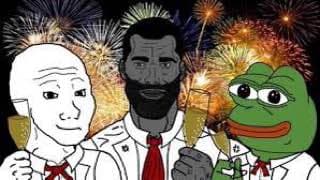 Meme characters toasting with fireworks in the background.