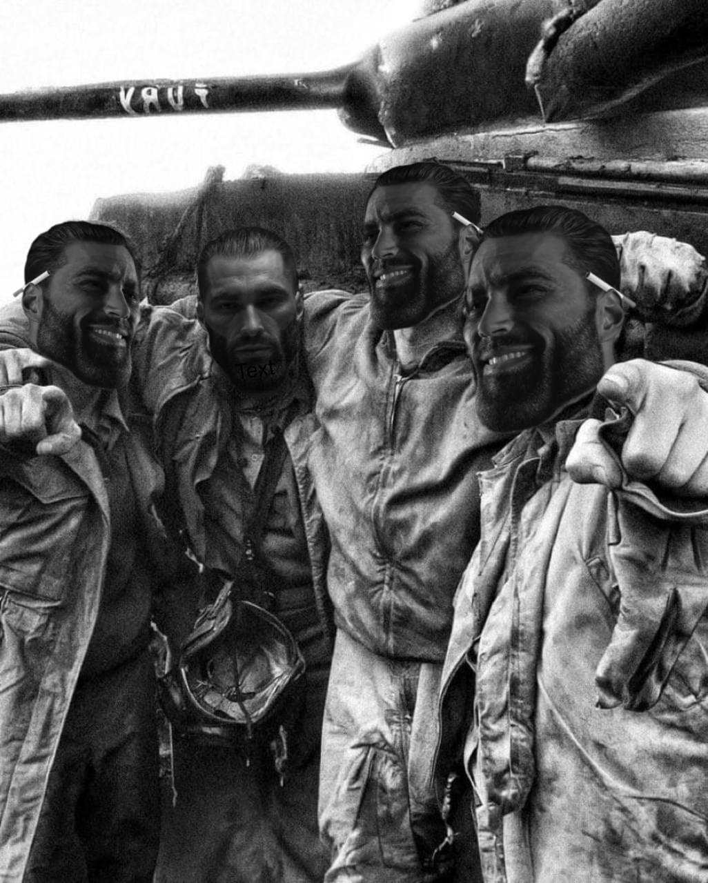 Group of men posing with GigaChad faces beside a tank.