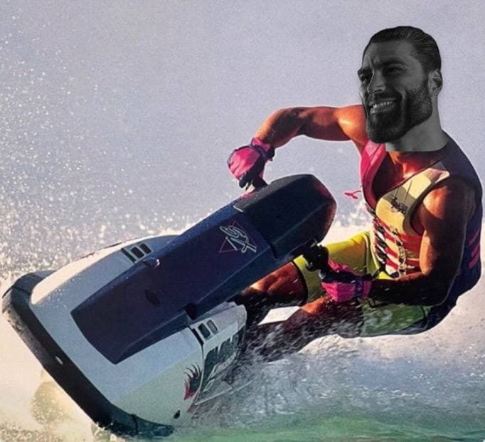 Muscular man stunt riding a jet ski with a bold expression.