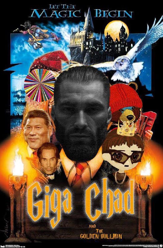 Parody movie poster with Giga Chad and whimsical characters.
