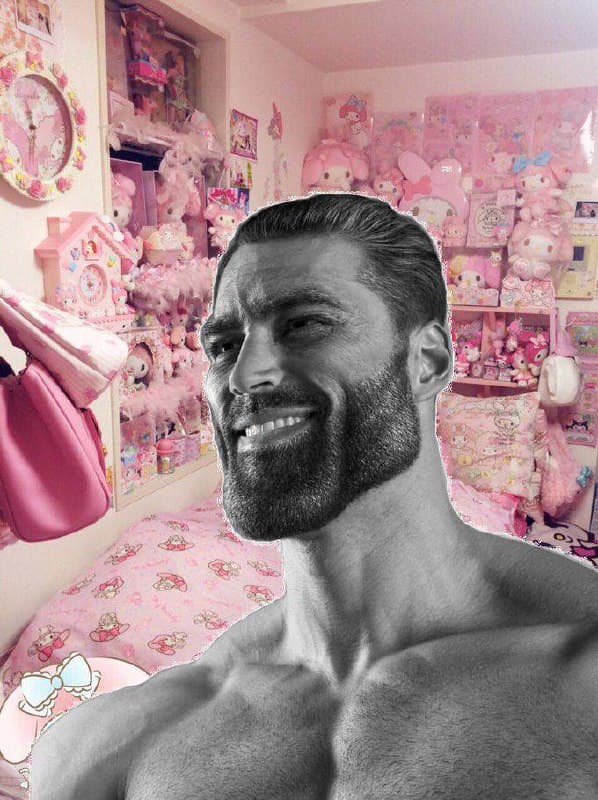 Muscular man smiling in a pink, cute room.