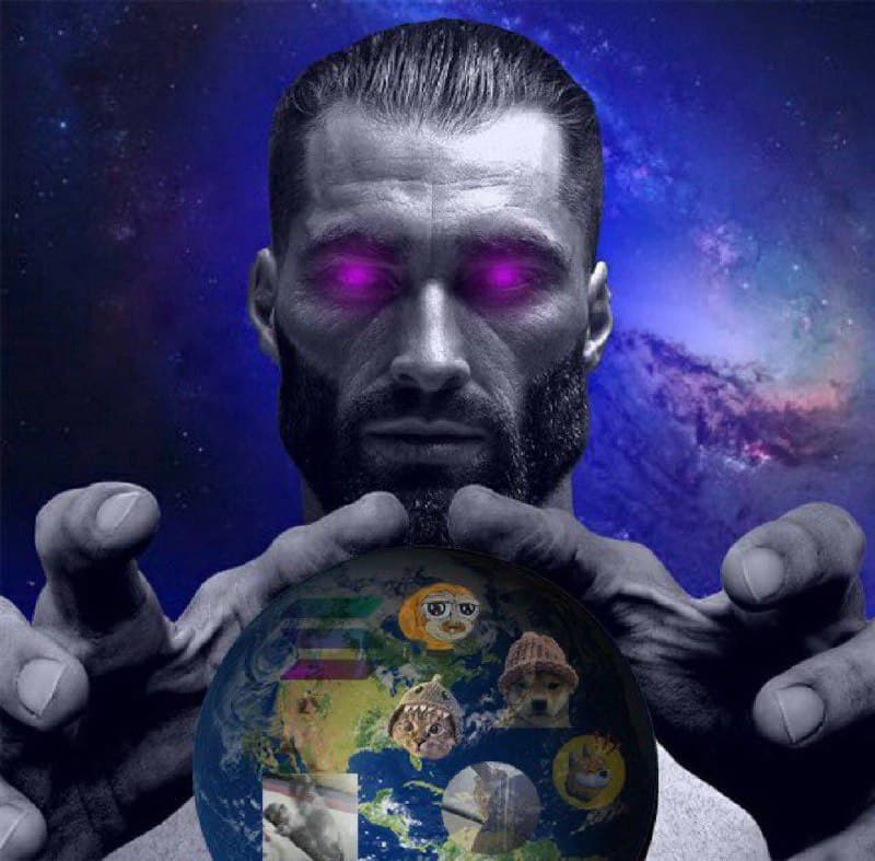 Muscular man with purple eyes holding a meme-filled crystal ball.