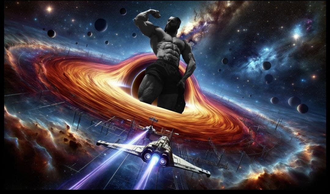 GigaChad in space with a black hole and spaceship.