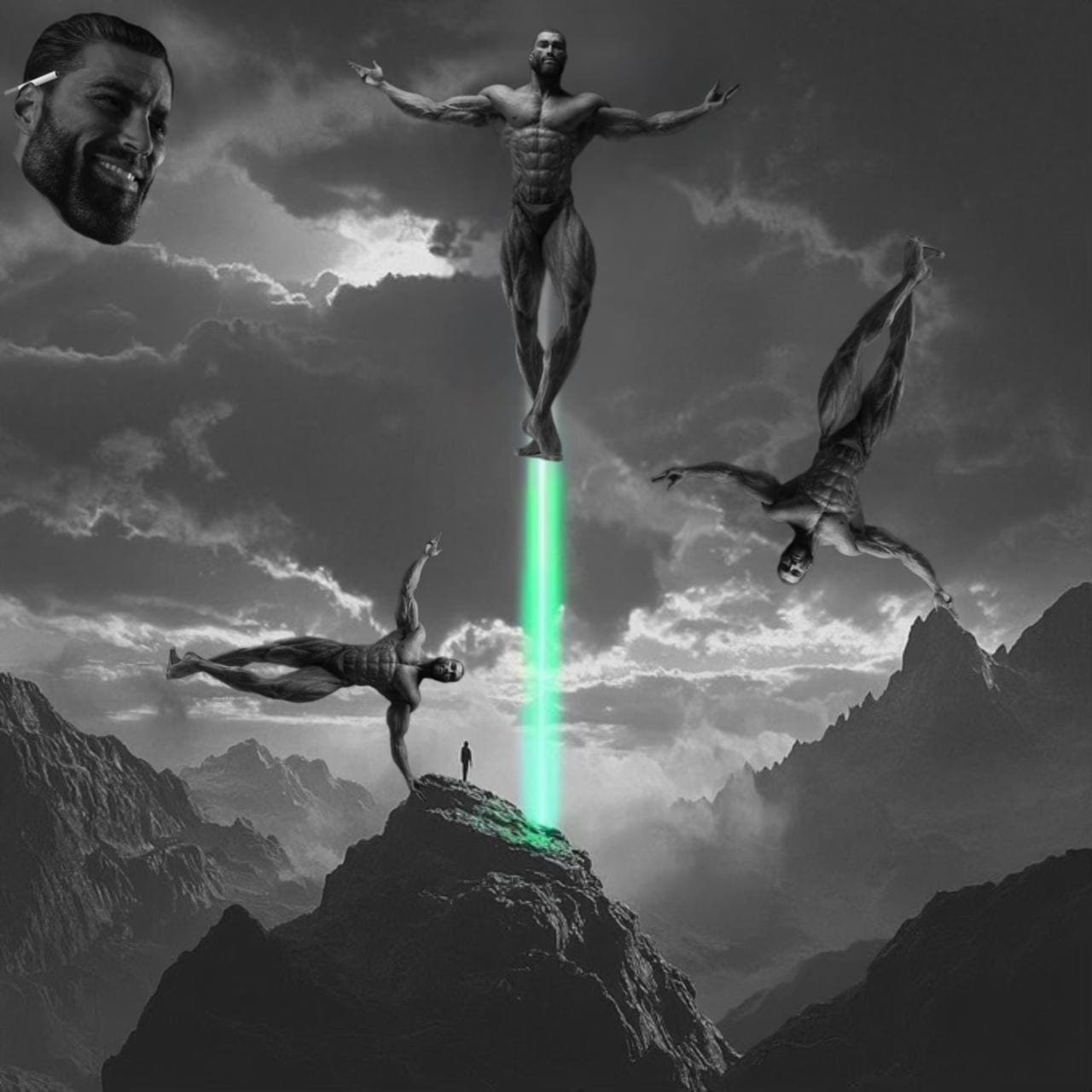Three GigaChad figures float above a man on a mountain.