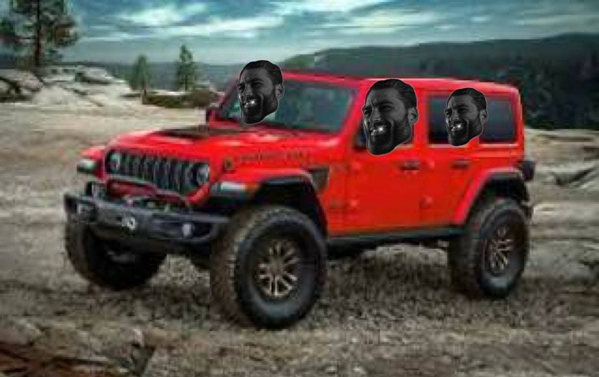 Red Jeep with GigaChad faces in the windows.