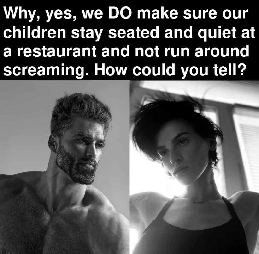 A muscular man and a woman share a humorous parenting meme.