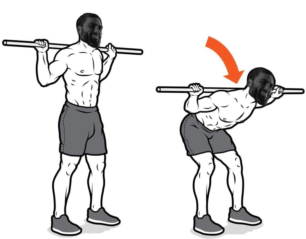 Cartoon man squatting with barbell and exaggerated face.