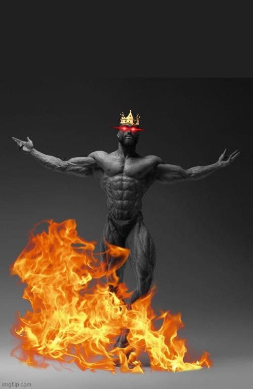 Muscular man with crown and sunglasses in flames.