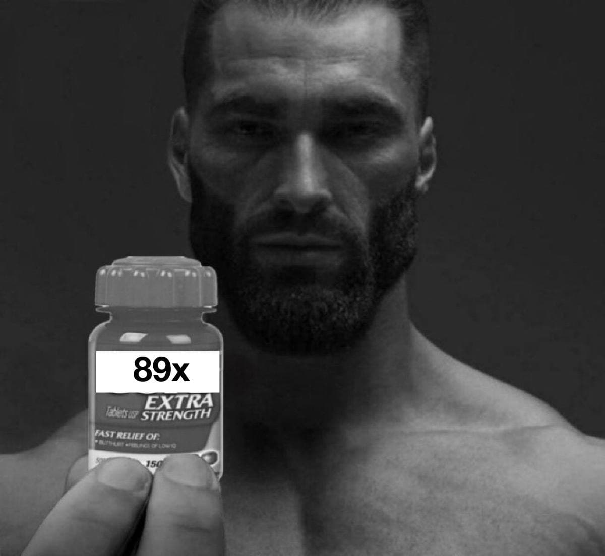Muscular man holds '89x Extra Strength' medicine bottle with intense expression.