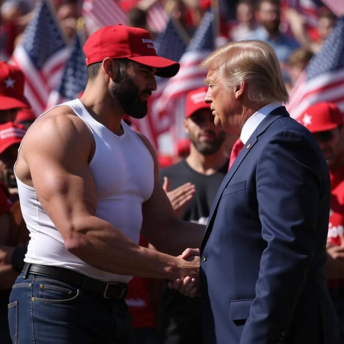 Muscular man shakes hands with politician at a rally.
