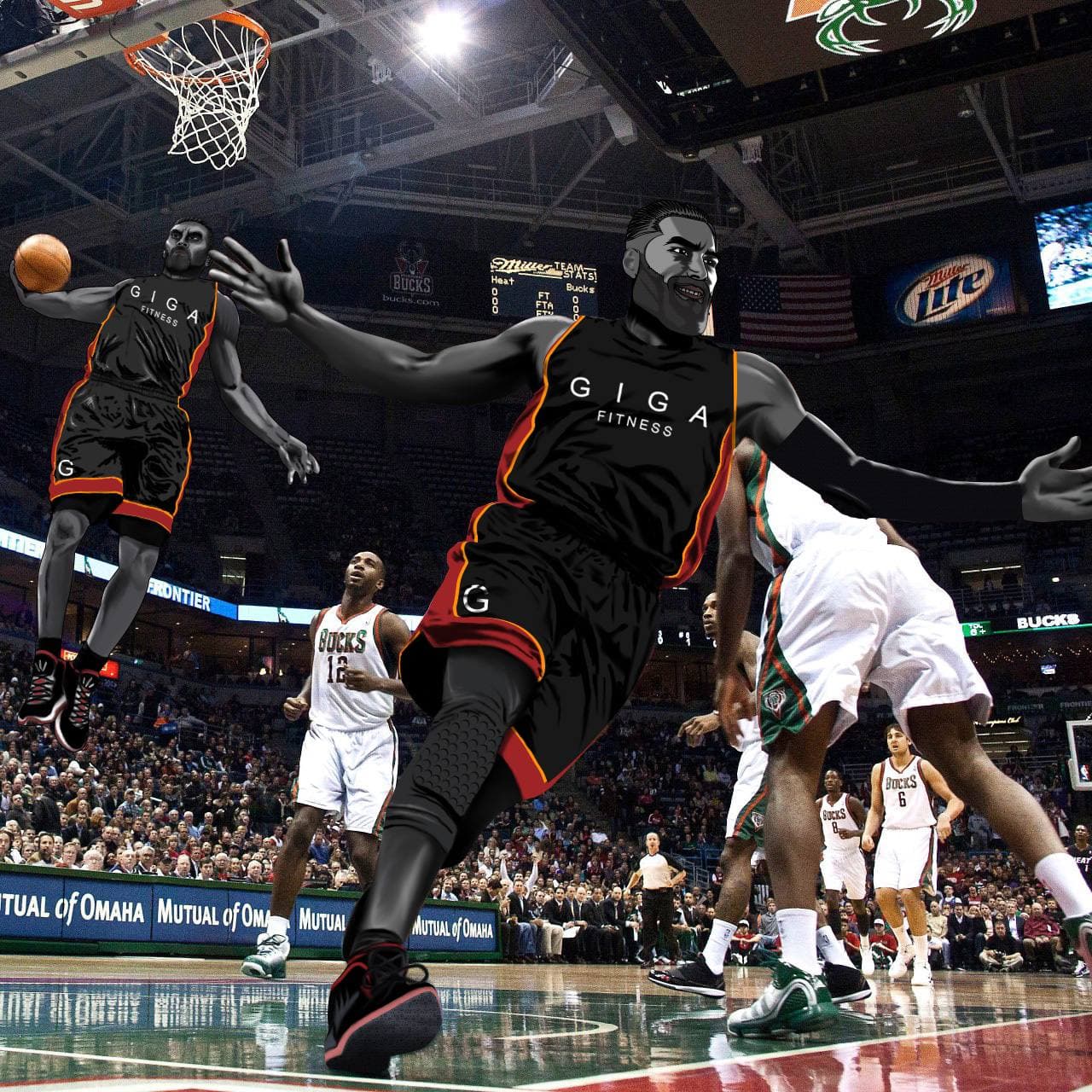 GigaChad preparing for a dunk on the basketball court.
