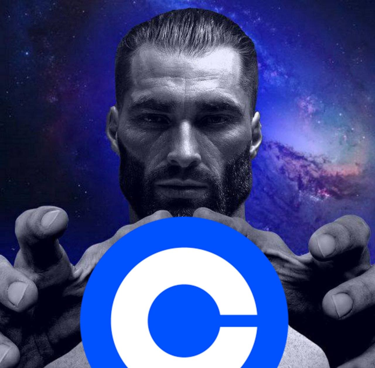 Muscular man reaching out with a powerful expression in a cosmic setting.