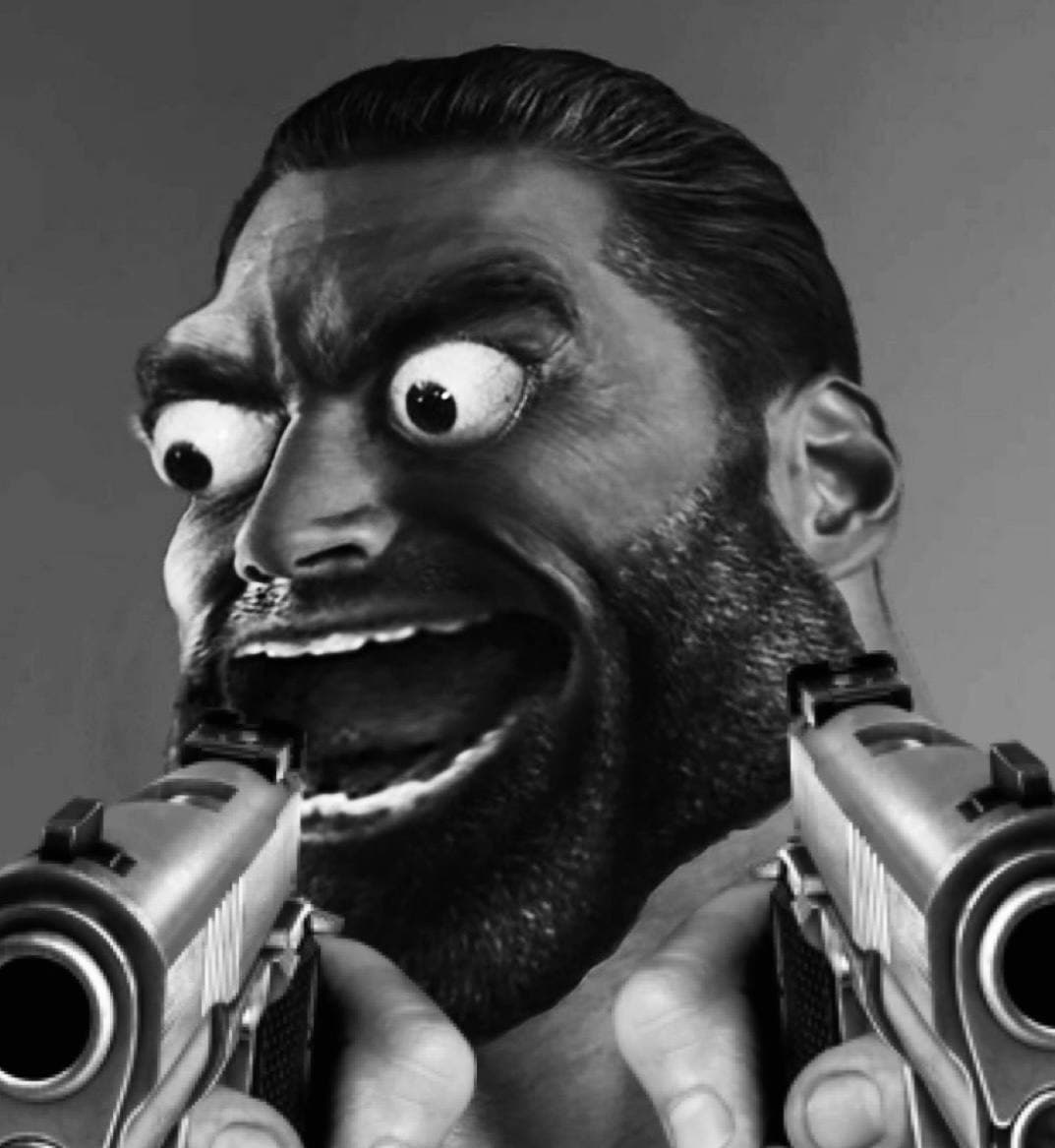 GigaChad yelling with guns in a dramatic scene.