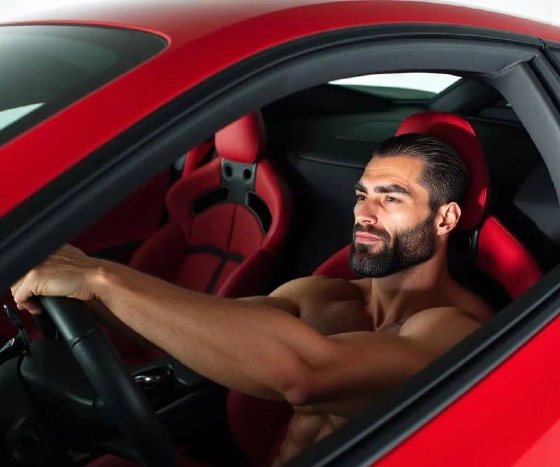 Muscular man in a red sports car, looking confident.