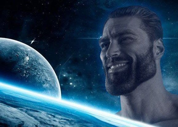 Muscular man smiling in a cosmic space setting.