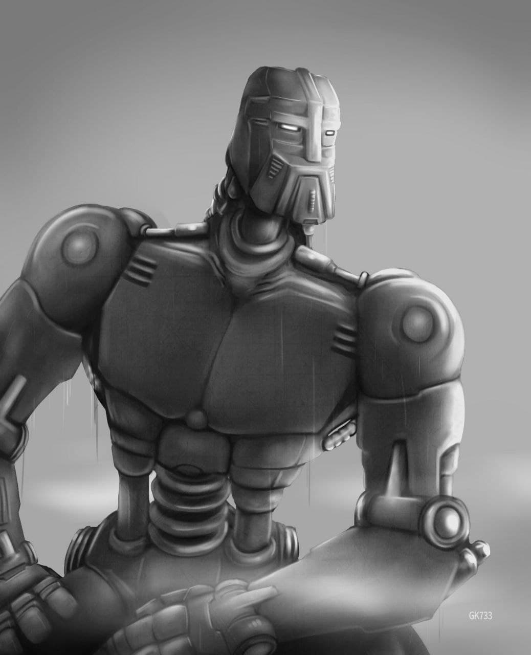 A robotic figure in a gray tone looks calm and powerful.