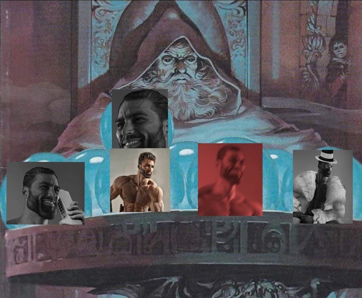 GigaChad meme with muscular men in a surreal setting.