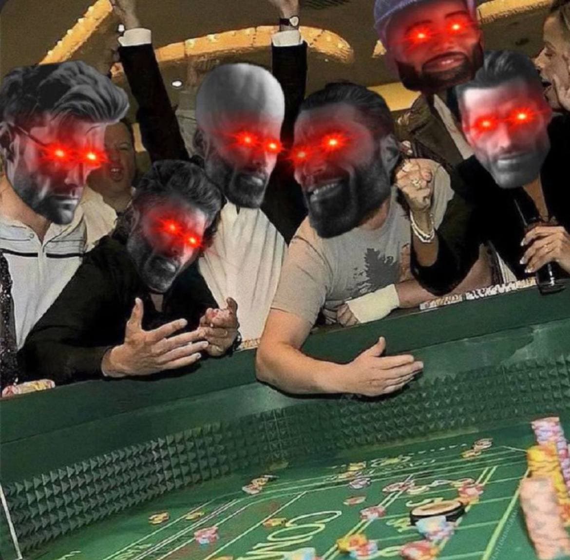 Gamblers celebrating at a casino with glowing red eyes.