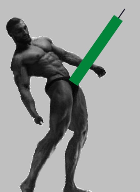 Muscle-bound man with a large green candle in front.