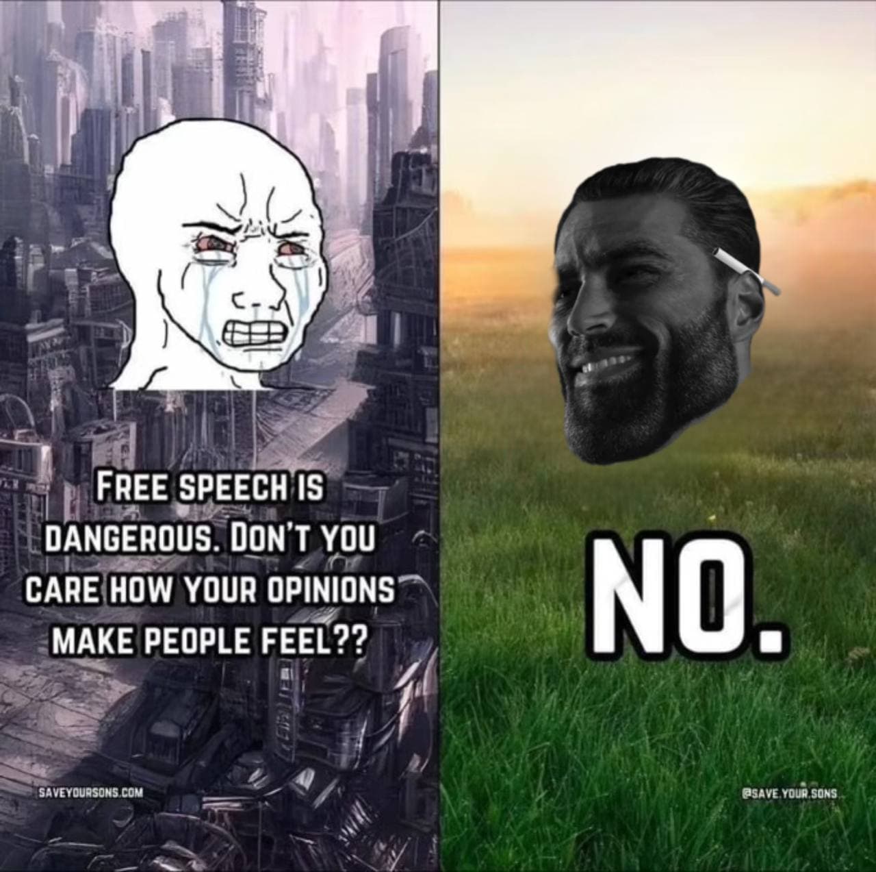 Crying character debated by a confident figure with 'NO.' response.