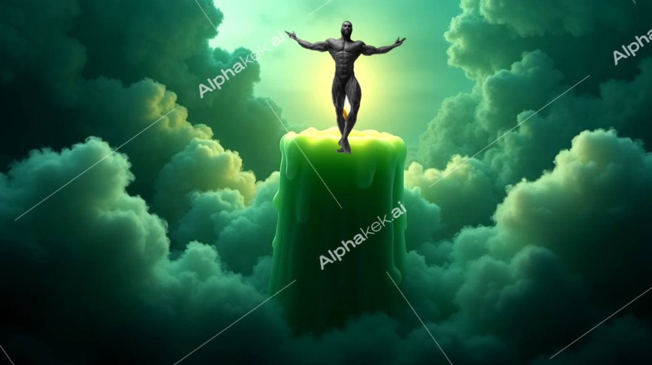 Muscular figure atop a glowing pedestal in cloudy backdrop.
