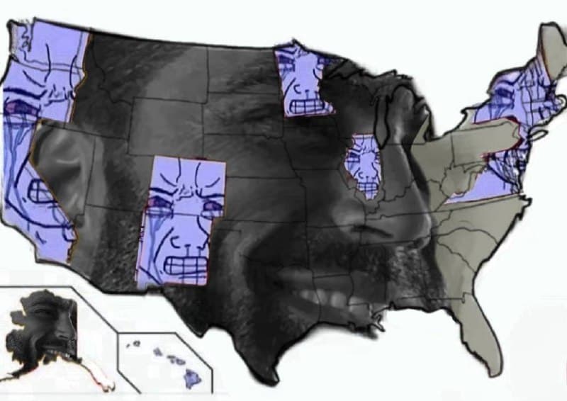 Map of the US with distorted faces showing mixed emotions.