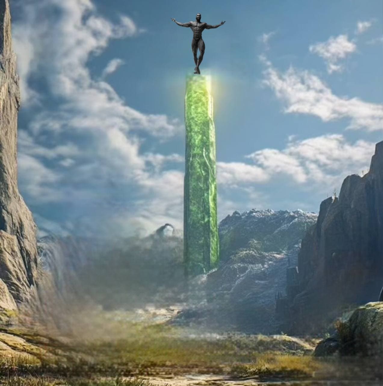 Muscular figure stands triumphantly on a towering green obelisk.