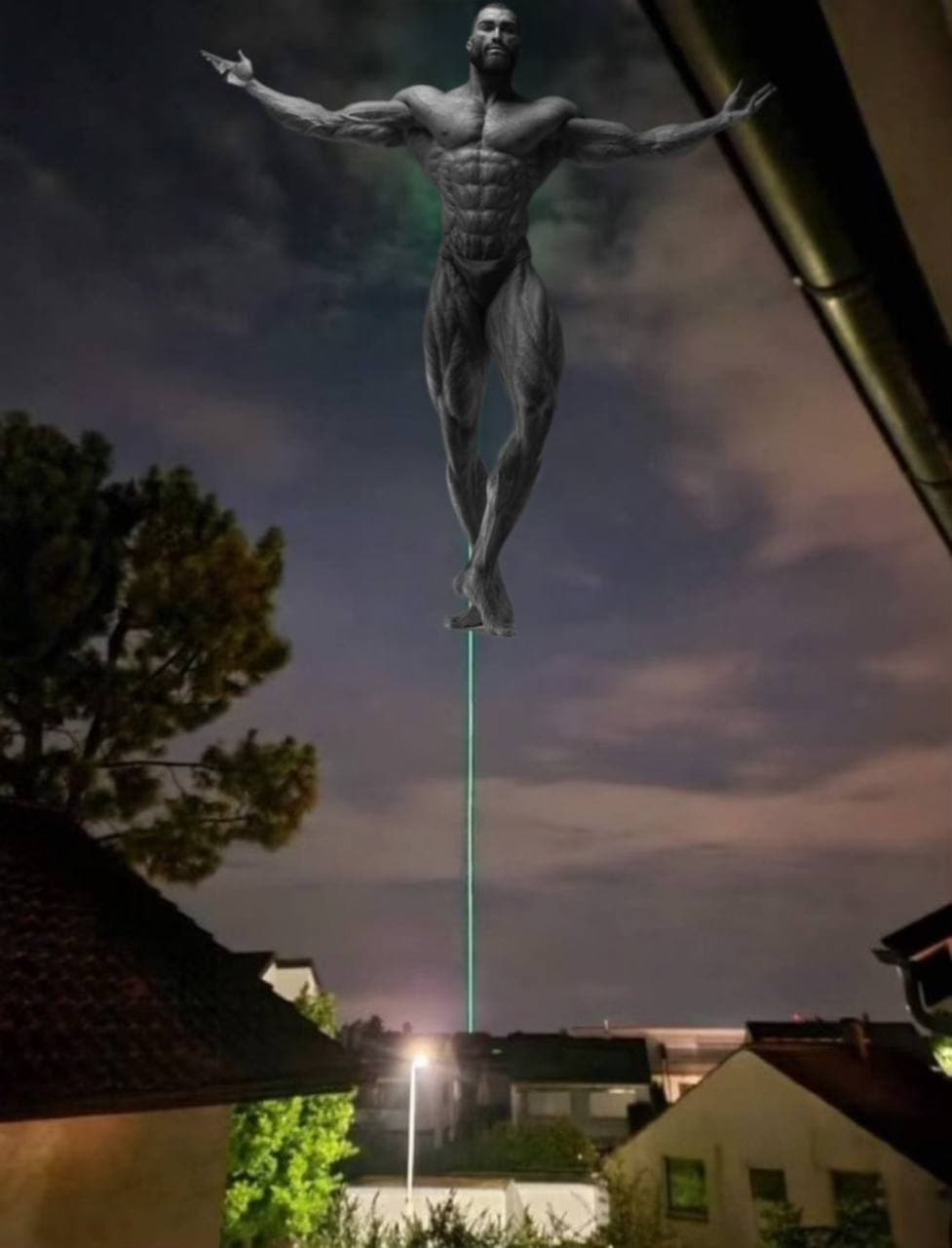 A giant muscular figure over a suburban area with laser beam.