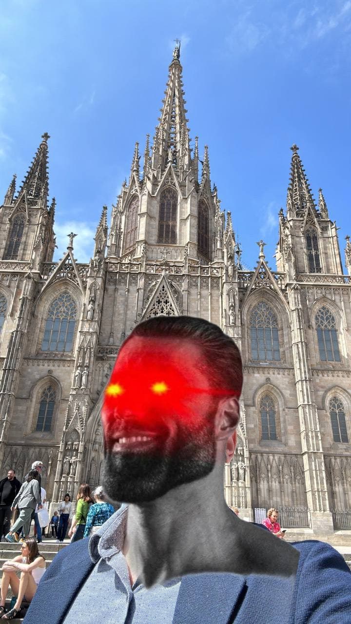 Muscular man with glowing eyes in front of a cathedral.