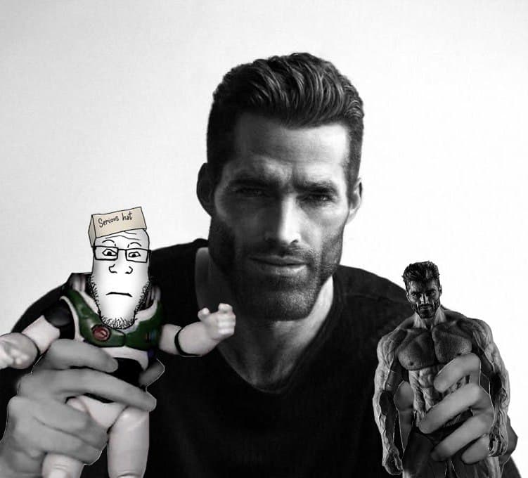 Muscular man with toy figures in each hand.