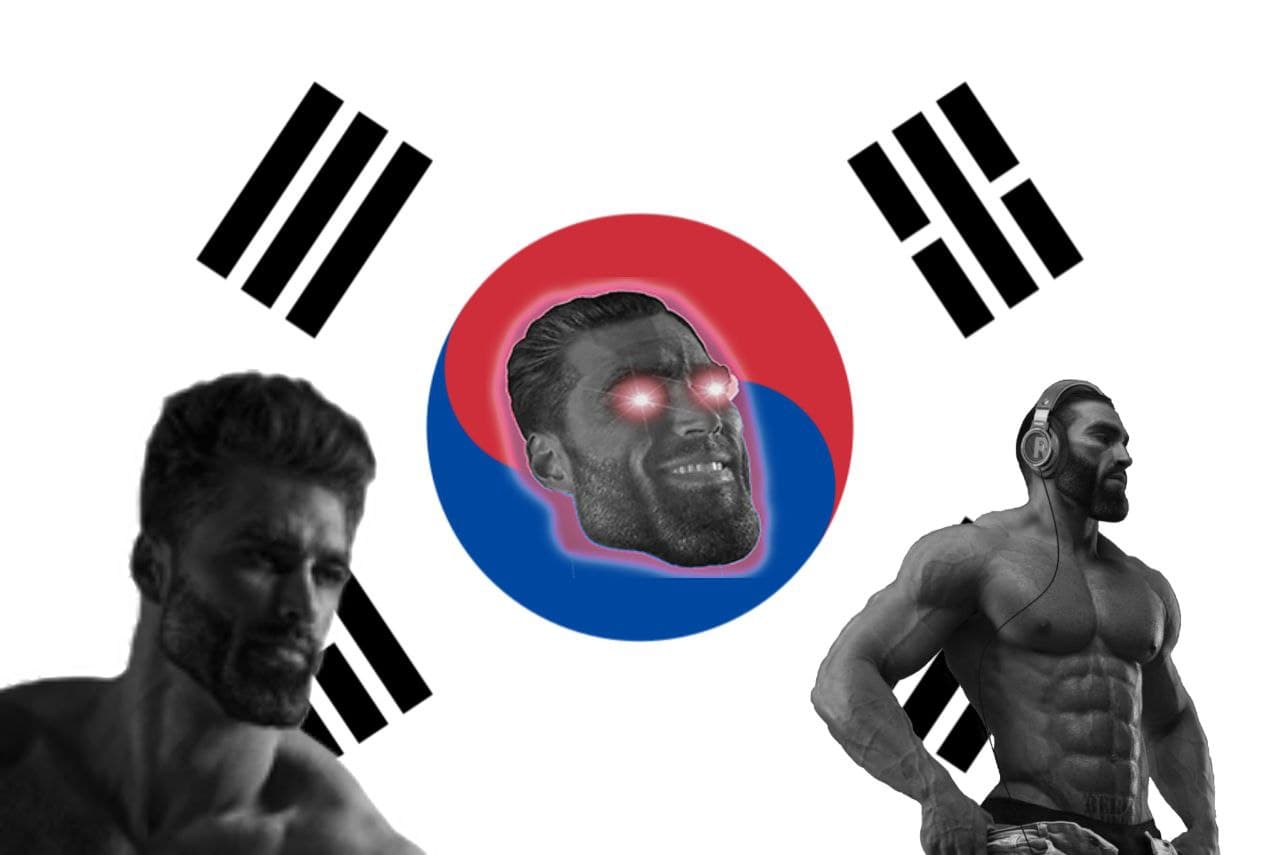 Meme featuring muscular man with glowing eyes and South Korean flag.