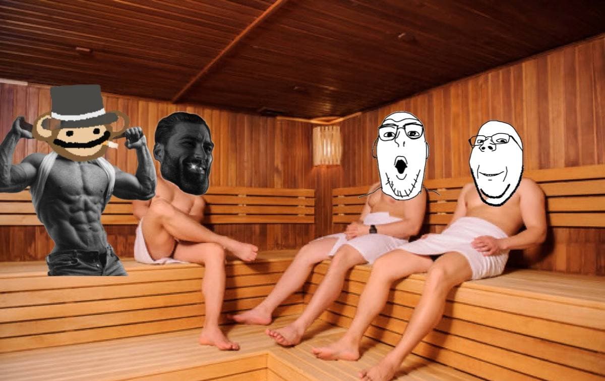 Men in sauna react to muscular man flexing.