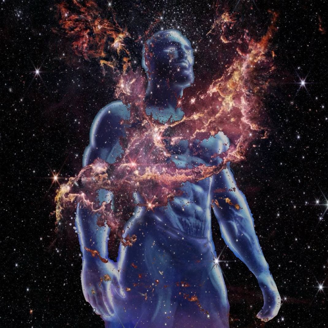 Muscular figure in space with swirling galaxies.