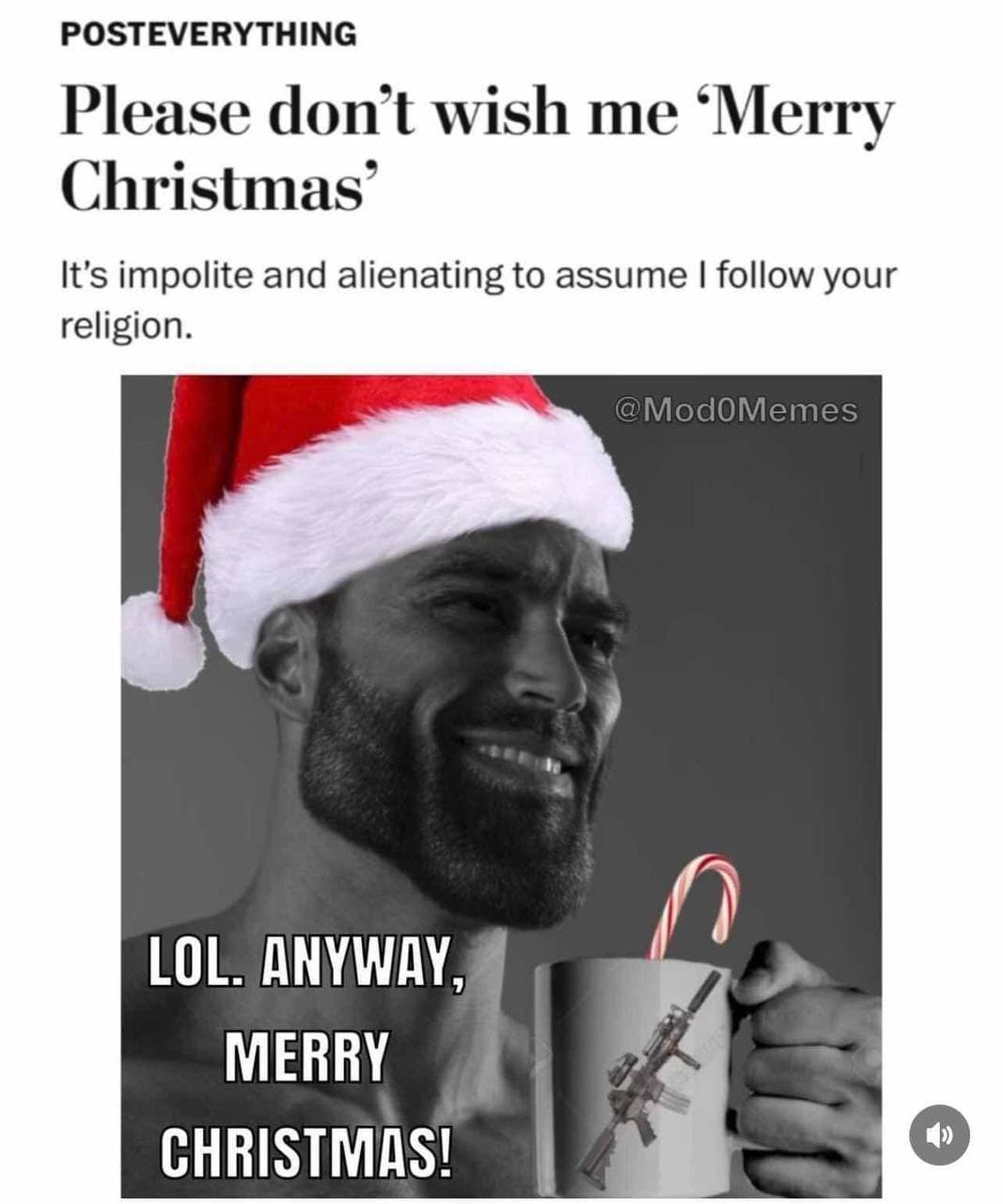 Muscular man in Santa hat holding a mug with a gun.
