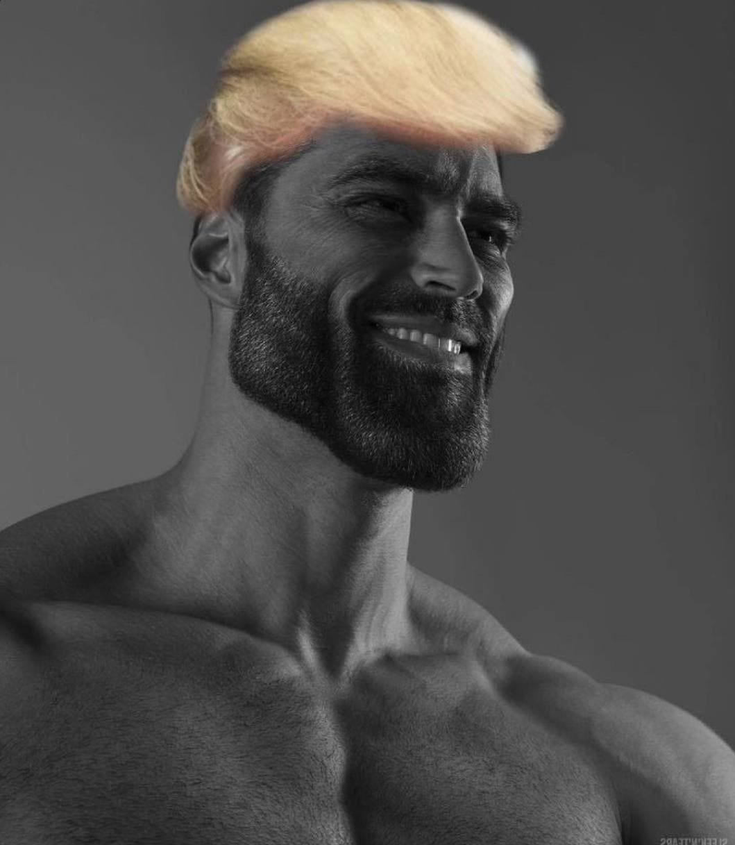 Muscular man with a humorous blonde hairstyle smiling.