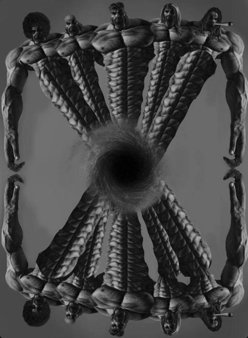 Muscular figures create an X shape around a black vortex.