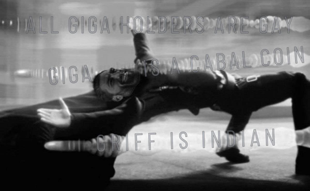 Surreal image of a man with overlay text about GigaCoin.