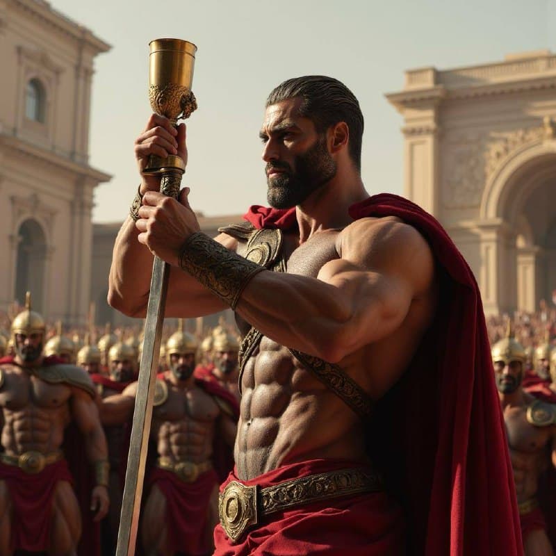 A powerful warrior holding a goblet among soldiers.