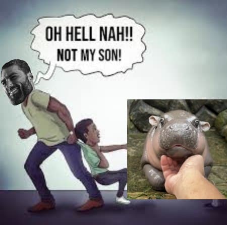 A man yells as a child pulls him, with a hippo image.
