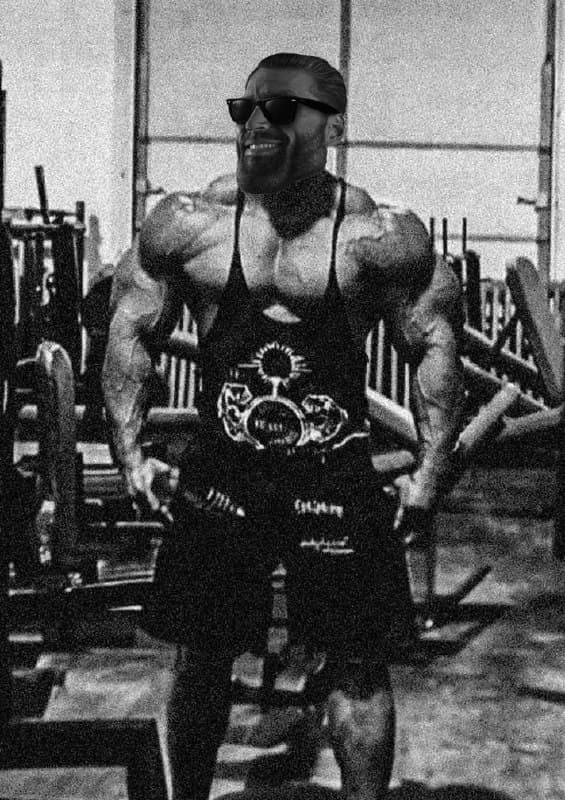 Muscular man flexing in gym, wearing sunglasses.