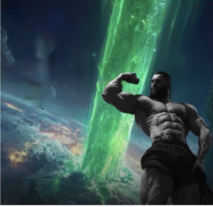 Muscular man flexing with cosmic energy background.
