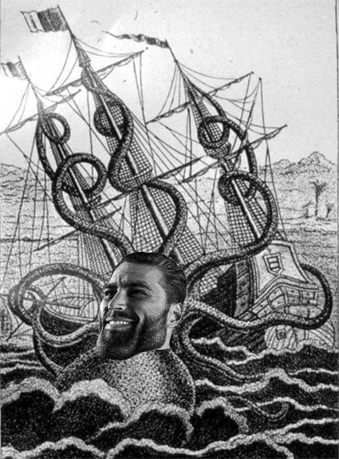 GigaChad octopus menacing a pirate ship in a surreal scene.