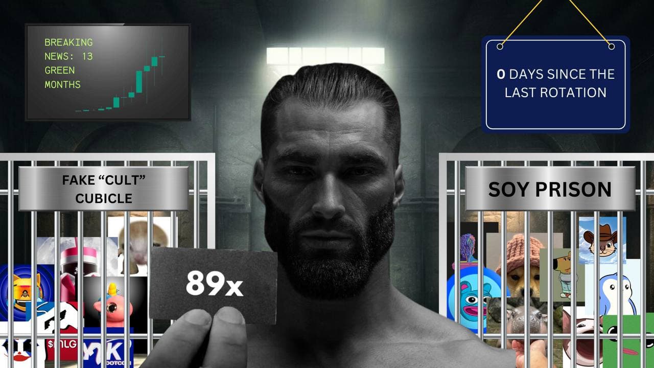 Muscular man with card in front of humorous prisons.