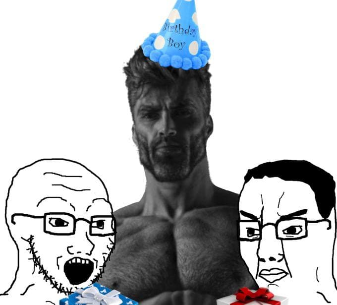 Muscular man in birthday hat flanked by surprised cartoon faces.